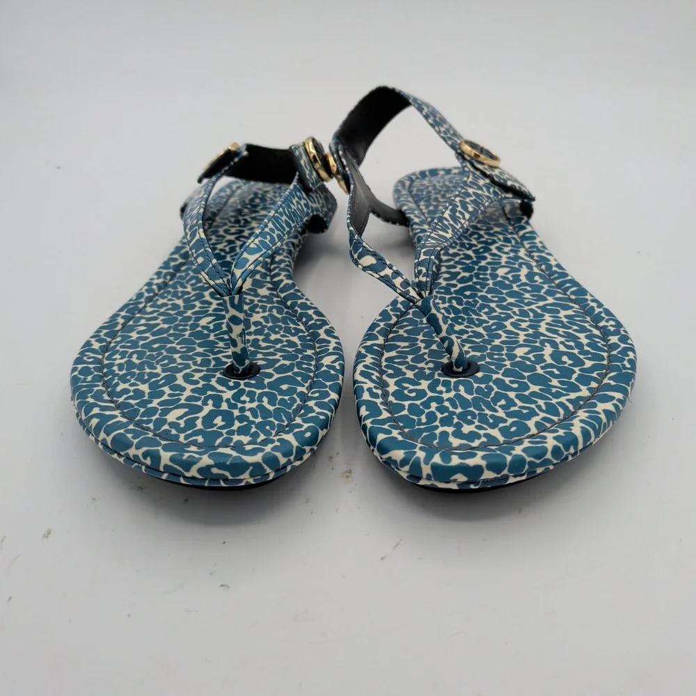 Tory Burch Minnie Travel Sandal Blue Leopard Print Leather Thong Slingback 8M